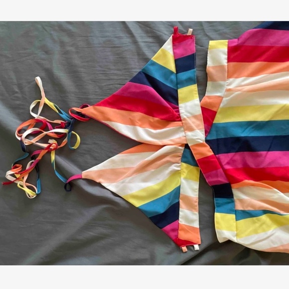 Striped Multicolor Backless Strappy V-Neck Maxi Dress Leg Slit - Picture 13 of 16